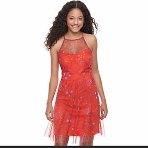 Red Floral Mesh High Neck Dress